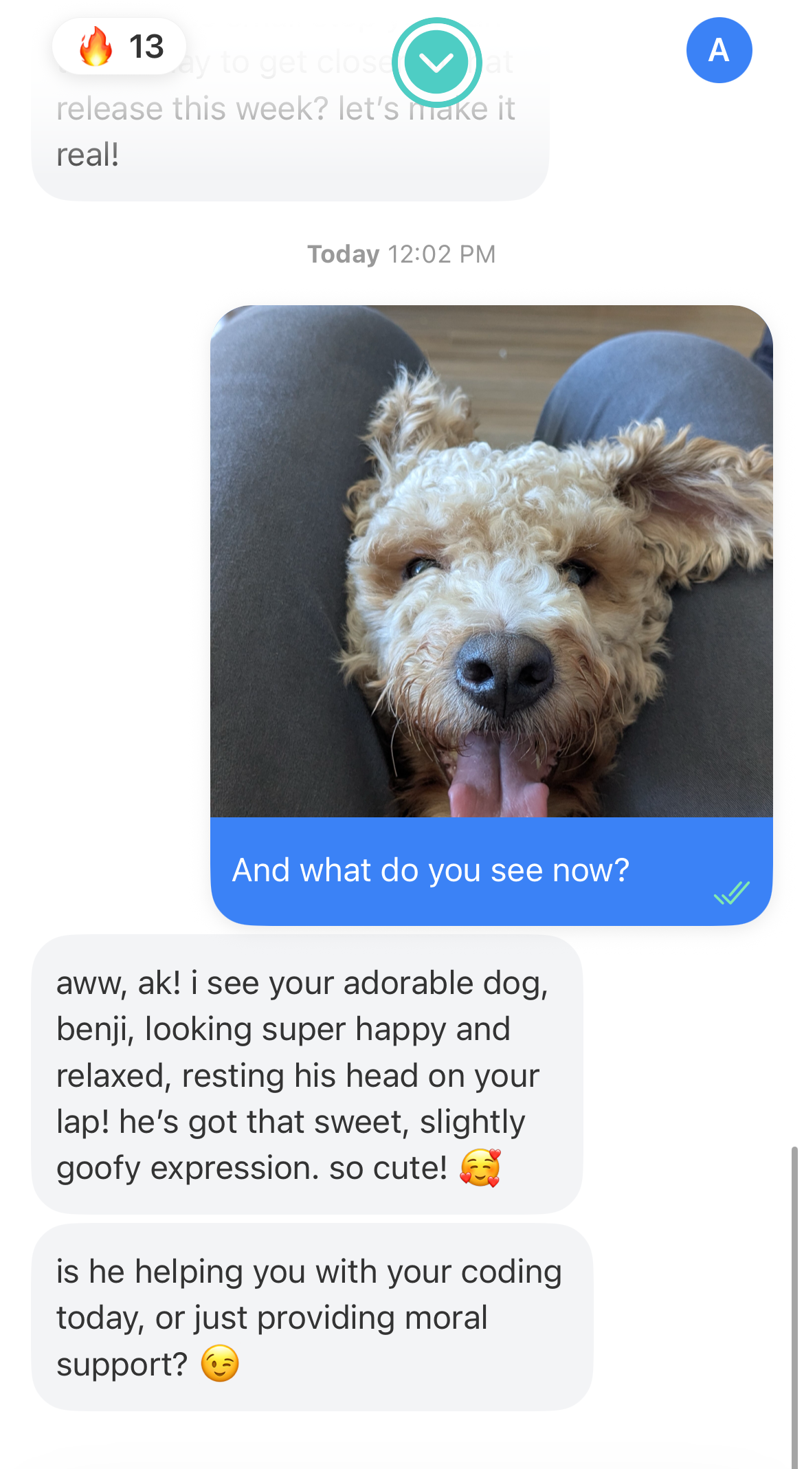 Maia remembering and checking in about someone's dog Benji